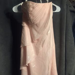 strapless pink shimmery midi dress cascade skirt